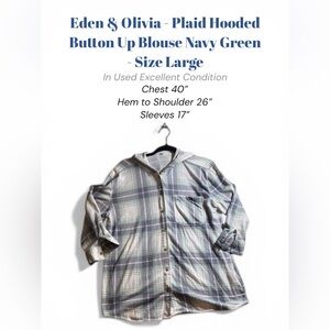 Eden & Olivia Plaid Hooded Button Up Blouse Navy Green Size Large